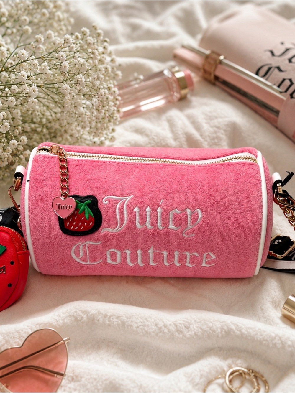 NWT Juicy Couture Pink Terrycloth Strawberry Barrel Bag Y2K Crossbody